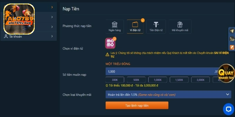 Nạp tiền Alo789 - Bỏ túi quy trình siêu đơn giản 4 Chuyển tiền thông qua ví điện tử